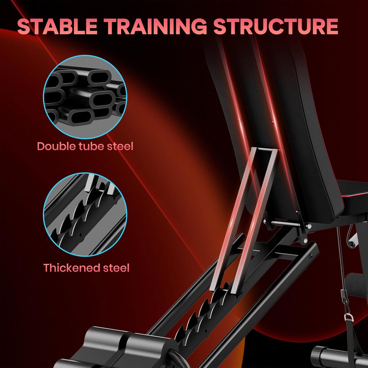 Vakaalla harjoitusrakenteella varustettu kuntosalipenkki, jossa on kaksiputkinen teräs ja paksunnetut teräskomponentit.