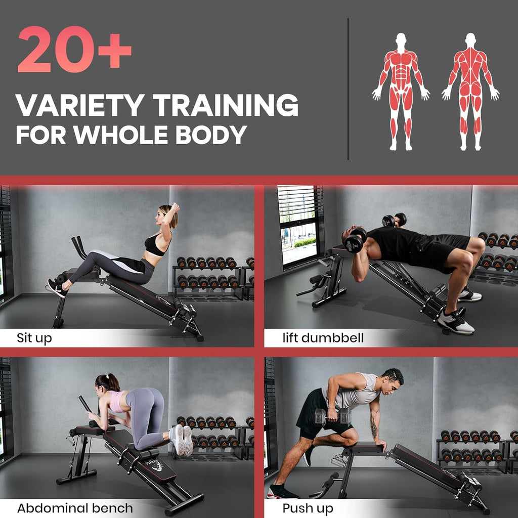 Kuntosaliympäristö, jossa ihmiset treenaavat ja tekstiä monipuolisesta koko kehon harjoittelusta.