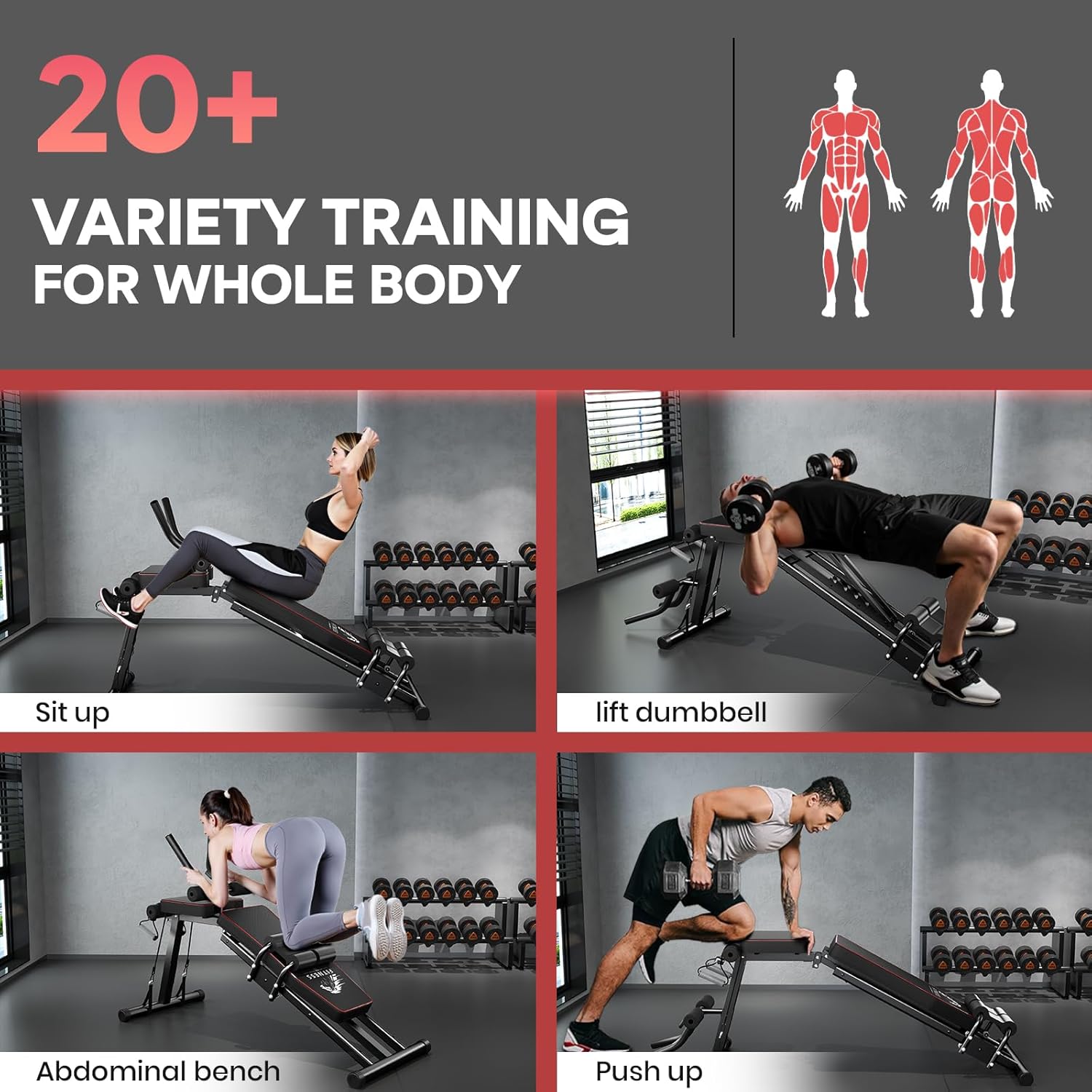 Kuntosaliympäristö, jossa ihmiset treenaavat ja tekstiä monipuolisesta koko kehon harjoittelusta.