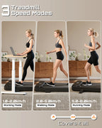 Woman using fitvect c1 treadmill with speed modes displayed on a gray background
