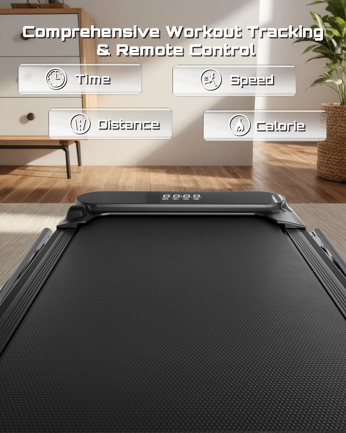 Juoksumatto, jonka näytöllä näkyvät harjoituksen seurantaominaisuudet