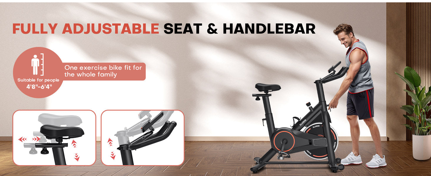 Henkilö käyttää kuntopyörää, jossa on säädettävä satula ja ohjaustanko, sisätiloissa.