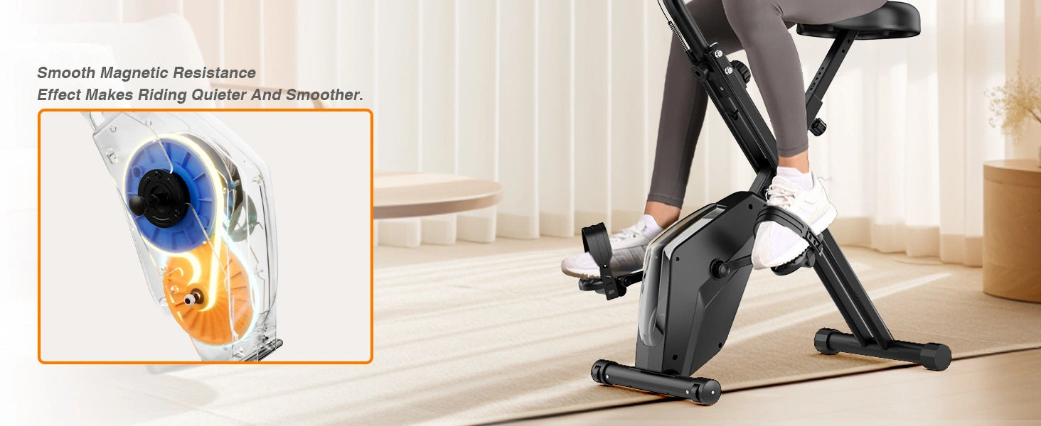 Henkilö käyttää magneettivastuskuntopyörää ja lähikuva vastusmekanismista.