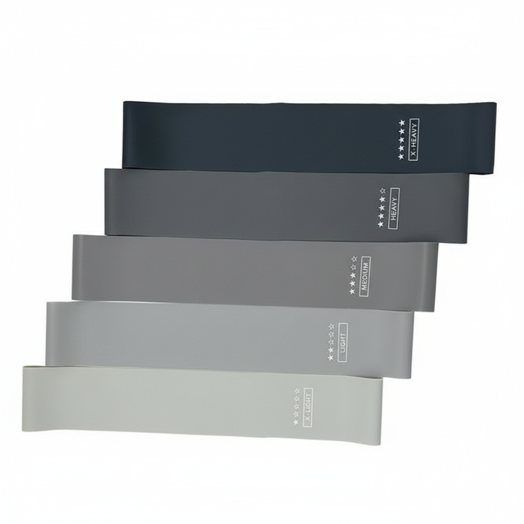 5 mustaa, harmaata ja valkoista vastuskuminauhaa valkoisella taustalla