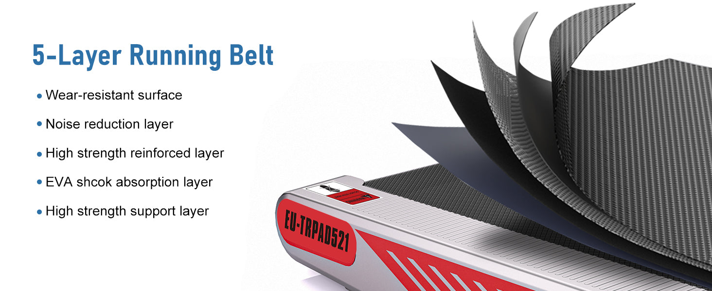 Juoksumatto, jossa on viisikerroksinen juoksumatto ja sen ominaisuuksia kuvaava teksti valkoisella taustalla.