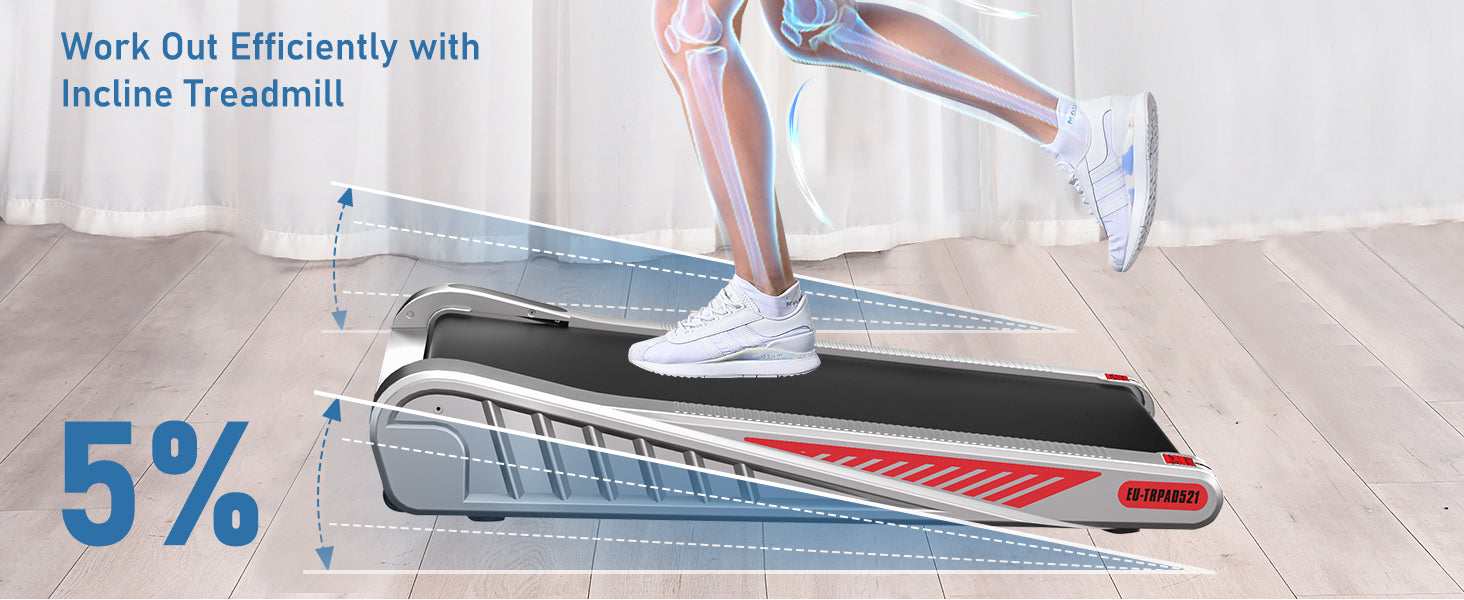 Kalteva juoksumatto, jota henkilö käyttää ja jonka jalkojen luut näkyvät läpinäkyvällä päällä.