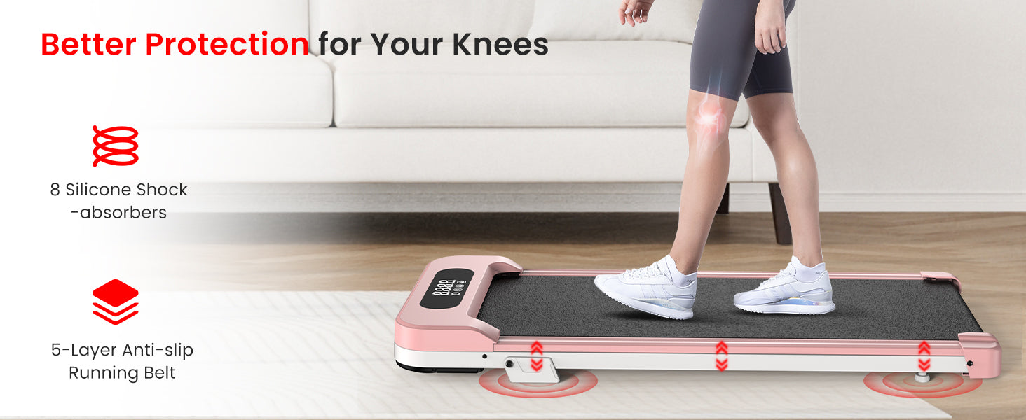 Henkilö käyttää kotikuntoilulaitetta, ja tekstissä kerrotaan polvisuojista ja tuotteen ominaisuuksista.