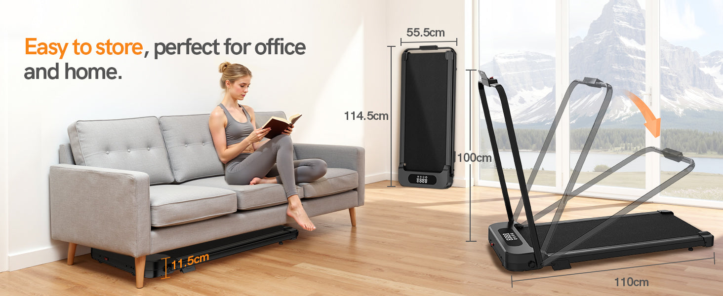 Nainen lukee sohvalla, jonka vieressä on juoksumatto, ja näyttää mitat.