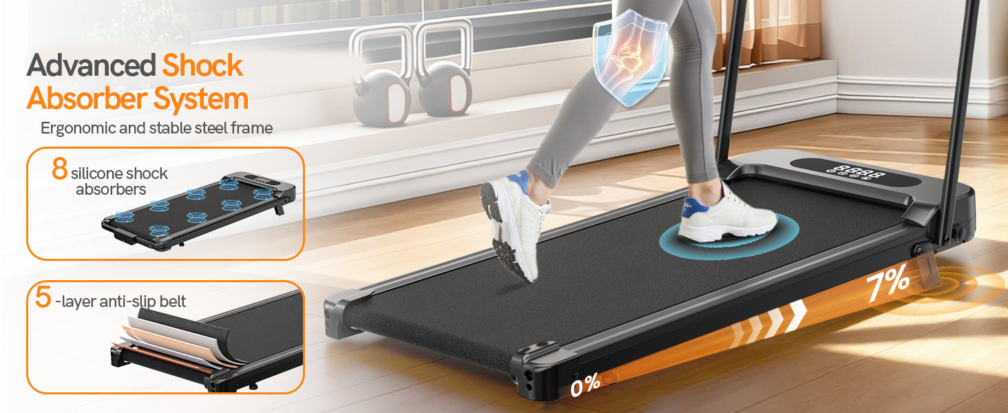 Henkilö käyttää kannettavaa juoksumattoa, jonka ominaisuudet on korostettu näytöllä.