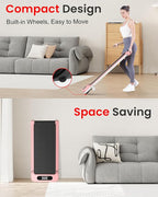 Nainen käyttää tilaa säästävää laitetta olohuoneessa, ja teksti korostaa laitteen kompaktia muotoilua ja liikuteltavuutta.