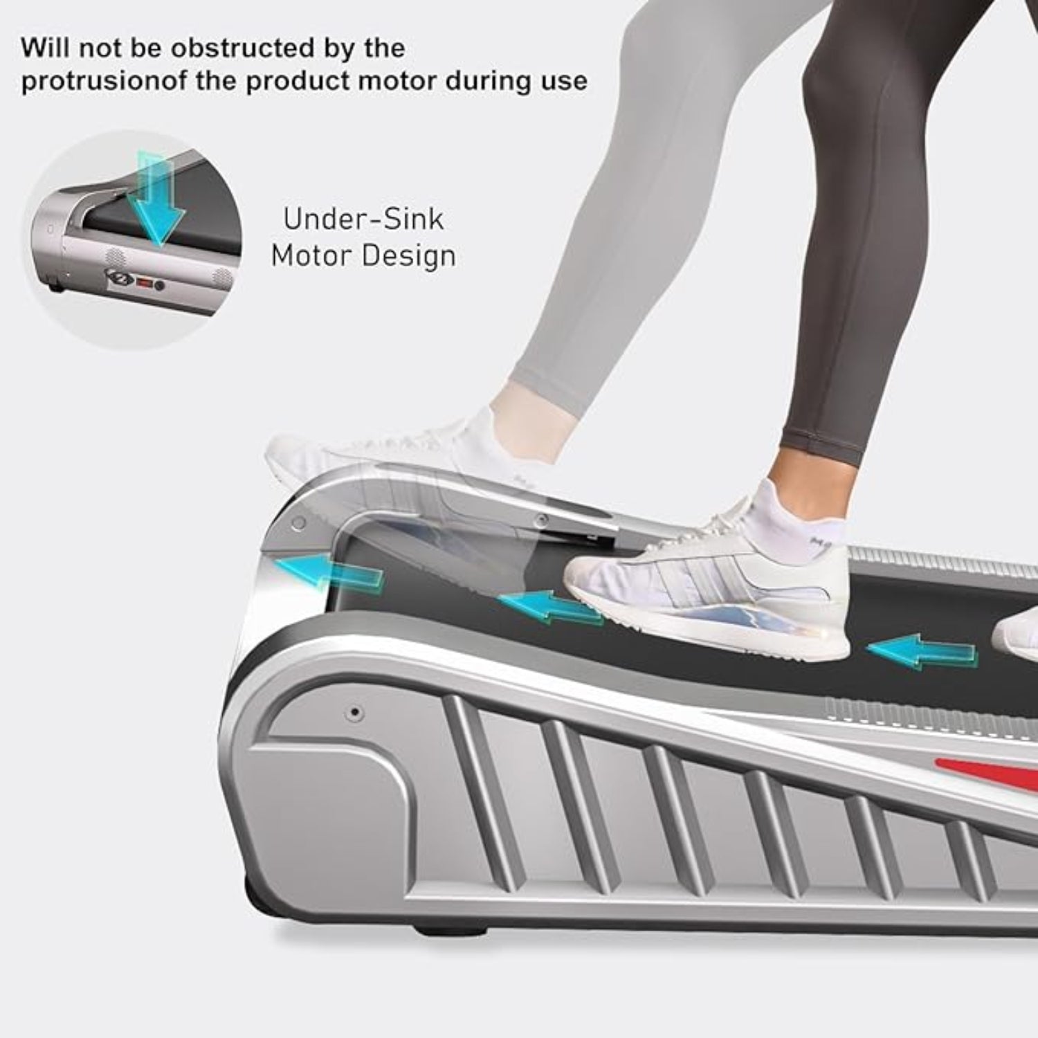 Henkilö käyttää kannettavaa askellaitetta, jonka moottorin suunnittelu on korostettu tekstillä.