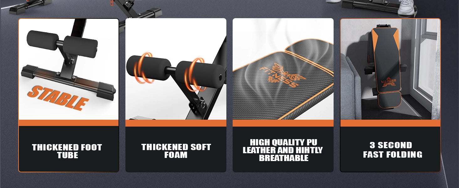 Kuntopenkillä varustetun penkin ominaisuudet, joissa on teksti korostettuja suunnitteluelementtejä.