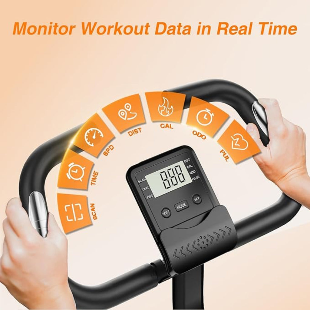 Kädessä pidettävä elektroninen laite, jossa on digitaalinen näyttö ja oranssit kuvakkeet beigellä taustalla