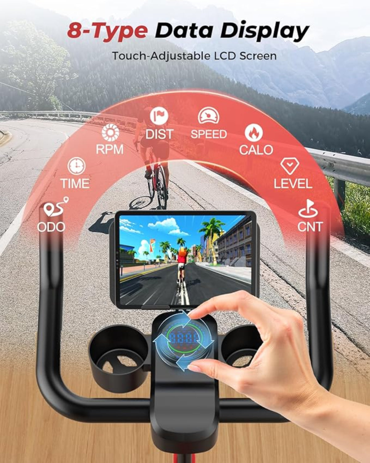 Pyörätietokone, jossa on kosketusohjattava LCD-näyttö, joka näyttää erilaisia ​​pyöräilymittauksia tienpinnan taustalla.