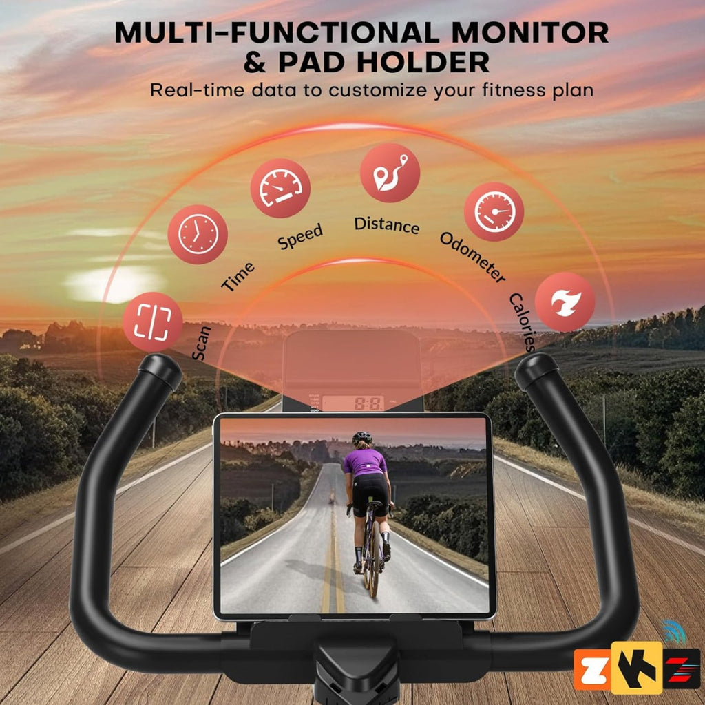 Polkupyörän ohjaustanko, jonka näytössä näkyy pyöräilijä tiellä auringonlaskua vasten.