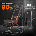 Tilaa säästävä säädettävä kuntosalipenkki, jossa on mitat ja taitto-ominaisuudet tummalla taustalla