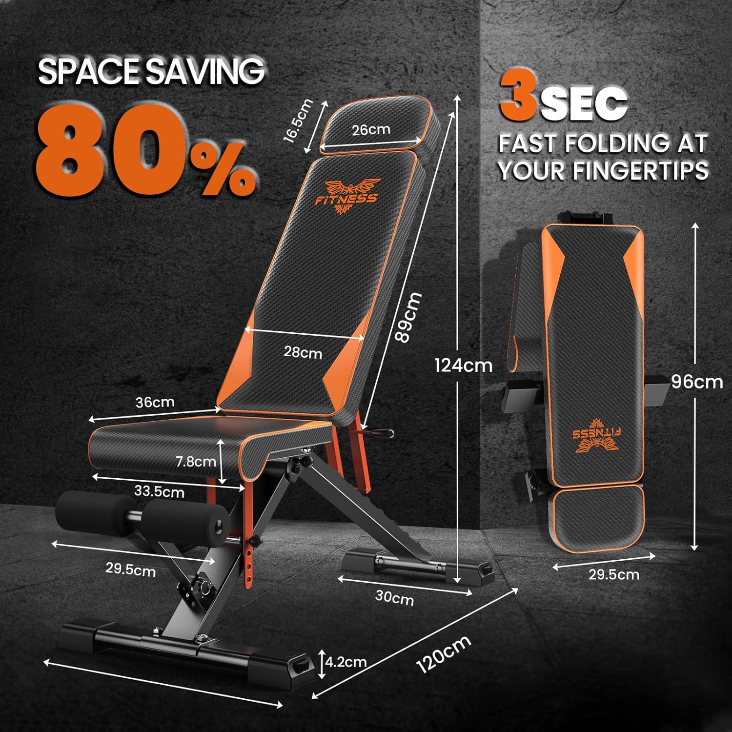 Tilaa säästävä säädettävä kuntosalipenkki, jossa on mitat ja taitto-ominaisuudet tummalla taustalla